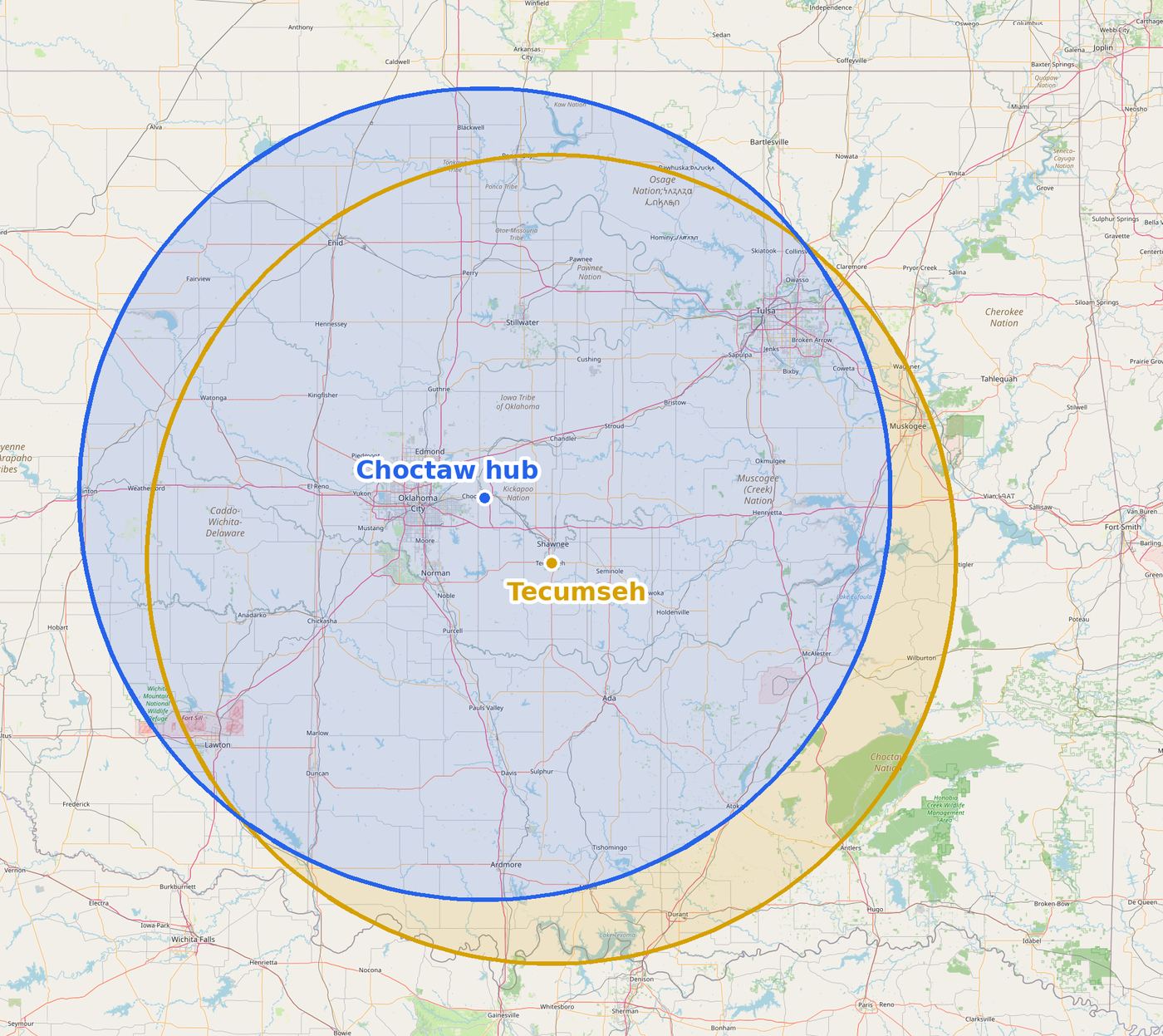 Oklahoma delivery map: 100 miles around Tecumseh and 100 miles around the Choctaw delivery hub
