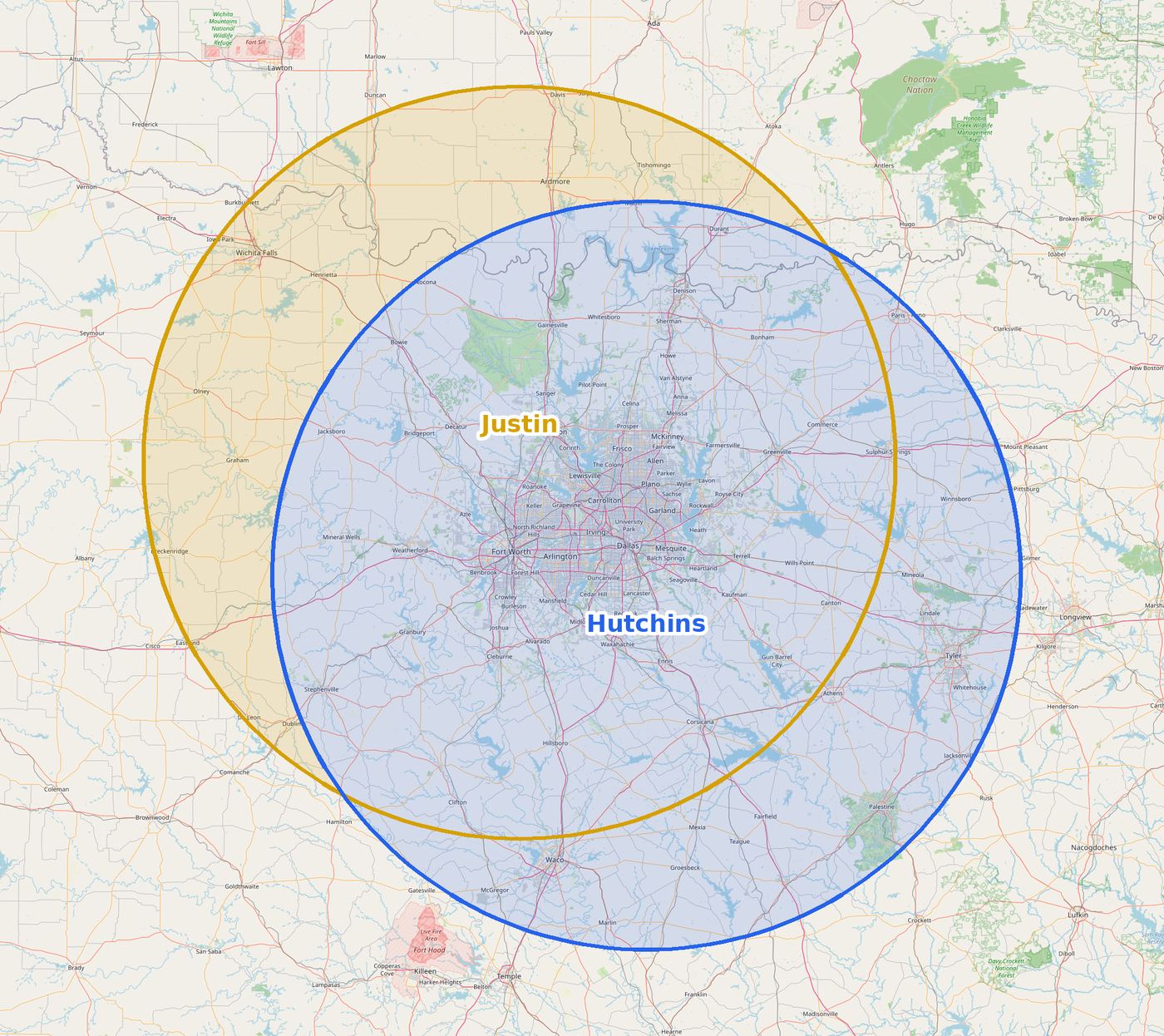 Texas delivery map: 100 miles around Justin and 100 miles around Hutchins