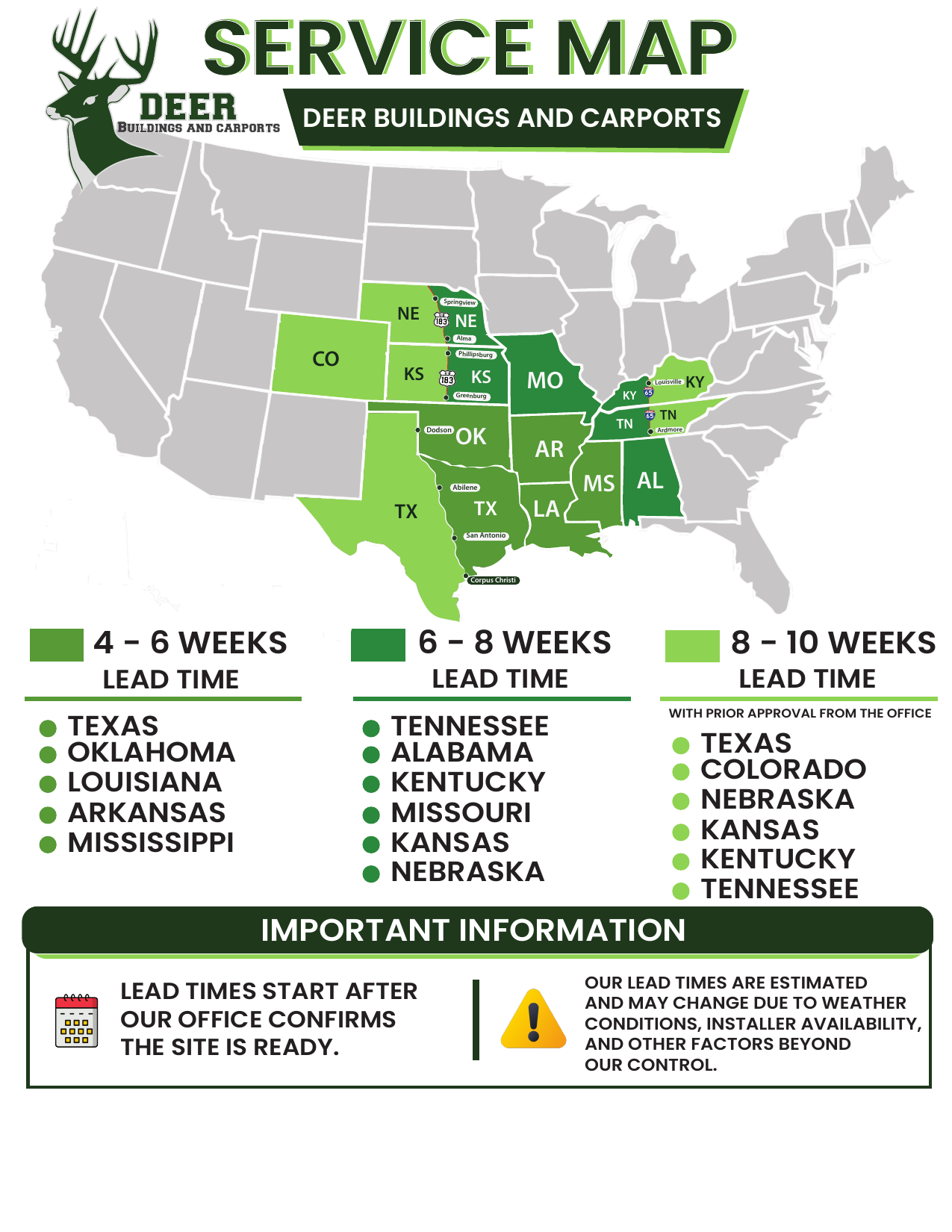 Deer Buildings service area map with estimated lead times by state